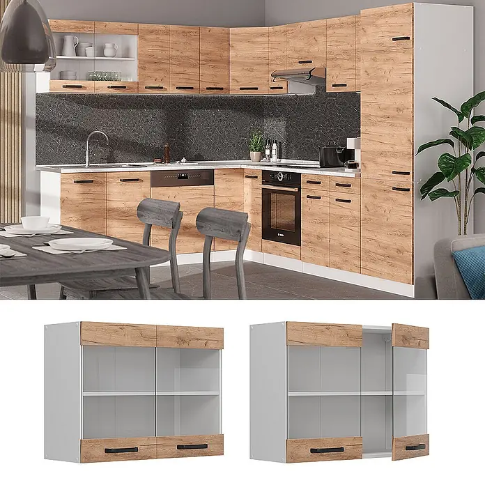 Vicco Schrankküche R-Line Goldkraft Eiche - Goldkraft Eiche, Hängeglasschrank 80 cm - Moderne Eckküche mit hellen Holzmaserungsschränken, weißen Arbeitsplatten und dunklem Spritzschutz.