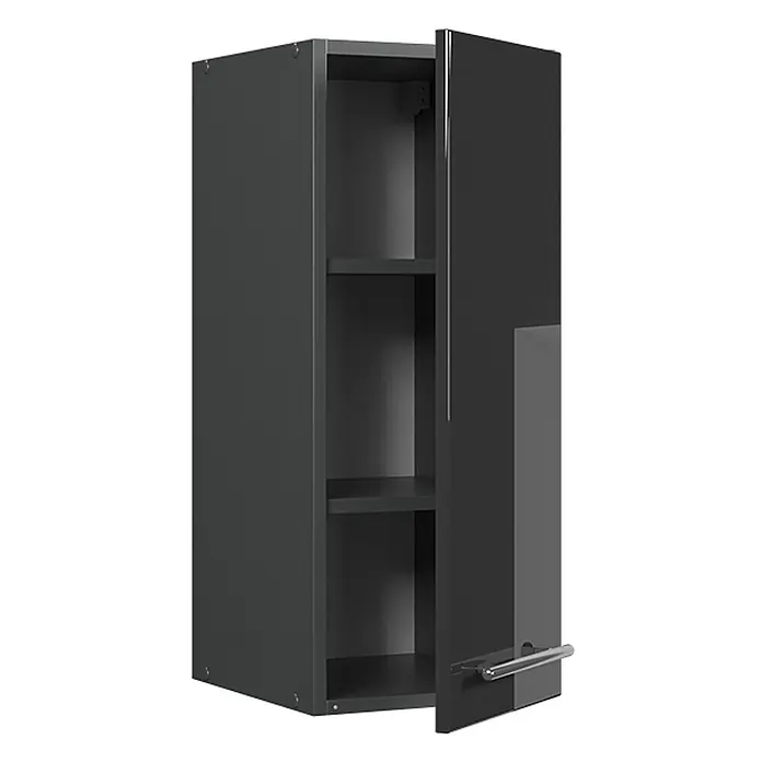 Vicco Schrankküche Fame-Line Anthrazit Hochglanz - Anthrazit Hochglanz, Hängeschrank 30 cm - Dunkelgrauer Hochglanz-Wandschrank mit offener Tür, zwei Einlegeböden und silbernem Griff.