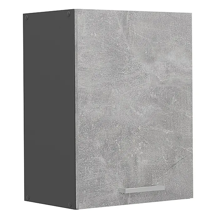 Vicco Schrankküche R-Line Beton - Beton, Hängeschrank 45 cm - Moderner Hängeschrank mit grauer Betonoptik-Tür, dunkelgrauem Korpus und silbernem Griff.