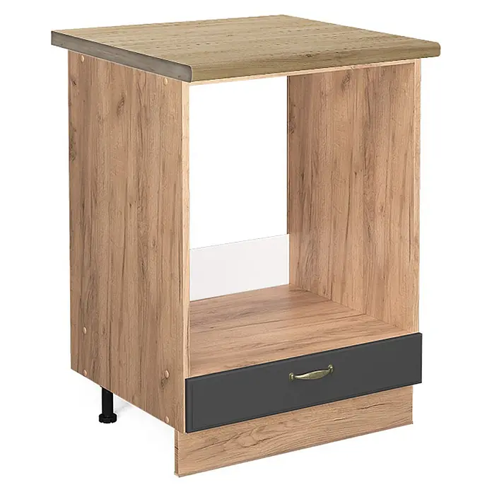 Vicco Schrankküche Fame-Line Anthrazit-Gold, AP Eiche - Anthrazit-Gold, Herdumbauschrank 60 cm, AP Eiche - Heller Holz-Lagerschrank mit offenem Fach, dunkelgrauer Schublade mit Messinggriff und heller Holzmaserung.