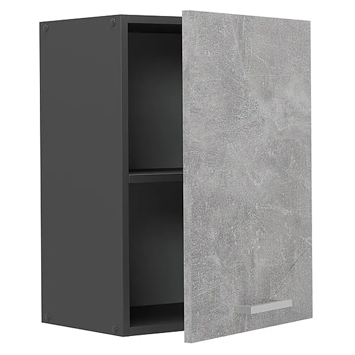 Vicco Schrankküche R-Line Beton - Beton, Hängeschrank 45 cm - Dunkelgrauer Wandschrank mit hellgrauer Betoneffekt-Tür und silbernem Griff, Tür leicht geöffnet mit Regal.
