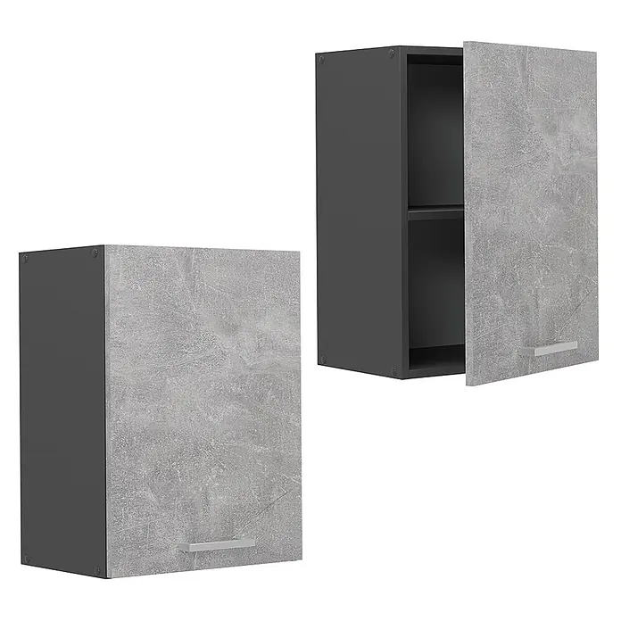 Vicco Schrankküche R-Line Beton - Beton, Hängeschrank 45 cm - Zwei Hängeschränke, dunkelgrauer Korpus mit hellgrauen Betonoptik-Türen, einer offen mit Einlegeboden.