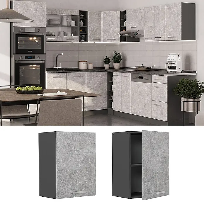 Vicco Schrankküche R-Line Beton - Beton, Hängeschrank 45 cm - Grauer Küchenoberschrank in Betonoptik mit dunkelgrauem Rahmen, geschlossen und offen mit Einlegeböden gezeigt.