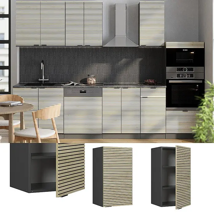 Vicco Schrankküche Fame-Line Eiche Paneel - Eiche Paneel, Hängeschrank 40 cm - Moderne Küchenschränke mit hellen Holzlamellenfronten und dunkelgrauem Innenraum, in einer zeitgenössischen Küche dargestellt.