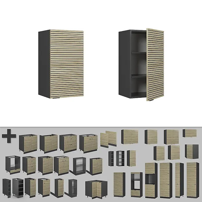Vicco Schrankküche Fame-Line Eiche Paneel - Eiche Paneel, Hängeschrank 40 cm - Modulare Küchenschränke in Anthrazit mit gerippten hellen Holzfronten. Enthält verschiedene Unter-, Wand- und Hochschränke zur Aufbewahrung.