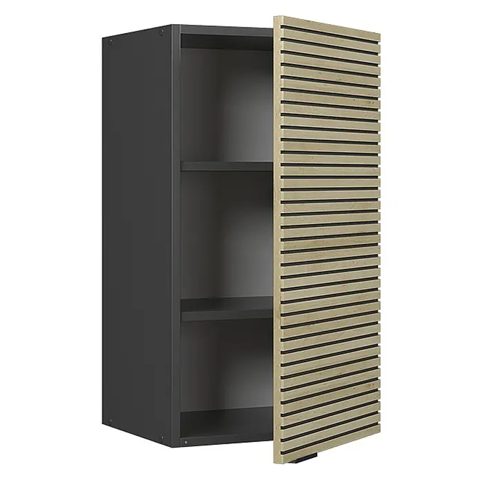 Vicco Schrankküche Fame-Line Eiche Paneel - Eiche Paneel, Hängeschrank 40 cm - Grauer Schrank mit teilweise geöffneter Tür in hellem Holzlamellendesign, der Innenregale zeigt.
