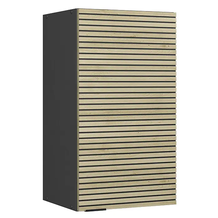 Vicco Schrankküche Fame-Line Eiche Paneel - Eiche Paneel, Hängeschrank 40 cm - Hoher dunkelgrauer Schrank mit einer Frontplatte aus hellen horizontalen Holzlamellen.