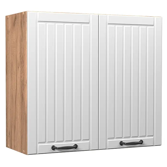 Vicco Schrankküche Fame-Line Weiß Landhaus - Weiß Landhaus, Hängeglasschrank 80 cm - Weißer zweitüriger Wandschrank mit Paneeltüren, hellen Holzmaserungsseiten und schwarzen Griffen.