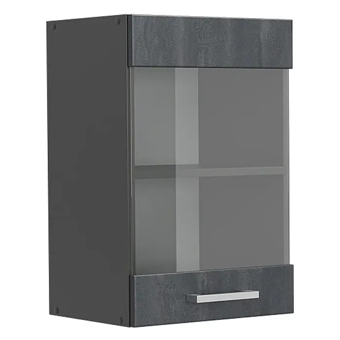 Vicco Schrankküche R-Line Schwarz Beton - Schwarz Beton, Hängeglasschrank 40 cm - Dunkelgrauer, texturierter Wandschrank mit Glasfront und unterer Schublade mit Griff.