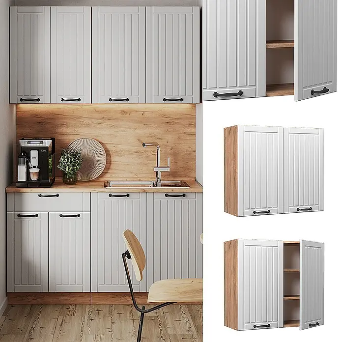 Vicco Schrankküche Fame-Line Weiß Landhaus - Weiß Landhaus, Hängeglasschrank 80 cm - Helle grau-lamellierte Küchenschränke mit schwarzen Griffen und Holzelementen in einer modernen Küche.