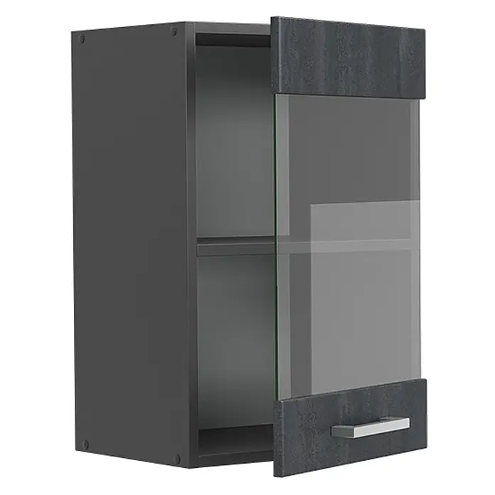 Vicco Schrankküche R-Line Schwarz Beton - Schwarz Beton, Hängeglasschrank 40 cm - Dunkelgrauer Hängeschrank mit Glasfront und Betondekordetails, teilweise geöffnet mit zwei sichtbaren Fächern und silbernem Griff.
