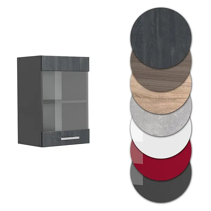 Vicco Schrankküche R-Line Schwarz Beton - Schwarz Beton, Hängeglasschrank 40 cm - Dunkelgrauer Wandschrank mit Glastür und strukturierten Blenden. Materialmuster zeigen verfügbare Oberflächen.