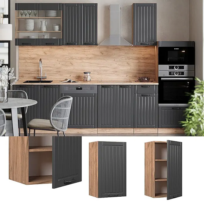 Vicco Schrankküche Fame-Line Dunkelgrau - Dunkelgrau, Hängeschrank 40 cm - Moderne Küche mit dunkelgrauen Rillenfronten und hellen Holzdetails, inklusive integrierter Geräte und offener Regale.