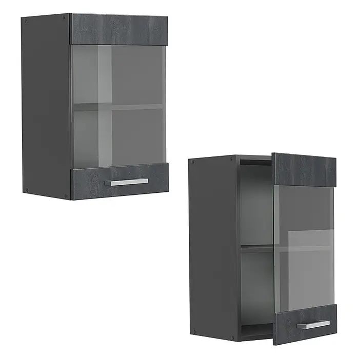 Vicco Schrankküche R-Line Schwarz Beton - Schwarz Beton, Hängeglasschrank 40 cm - Grauer Wandschrank mit Glastür, Schublade und texturierten Paneelen. Eine Ansicht zeigt die Tür leicht geöffnet.