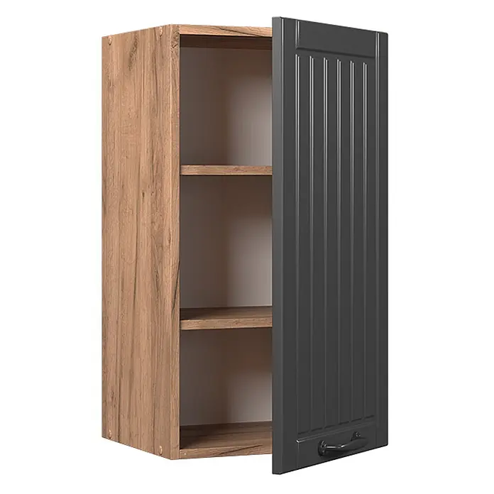 Vicco Schrankküche Fame-Line Dunkelgrau - Dunkelgrau, Hängeschrank 40 cm - Hölzerner Hängeschrank mit zwei Regalböden und einer teilweise geöffneten dunkelgrauen geriffelten Tür mit Griff.