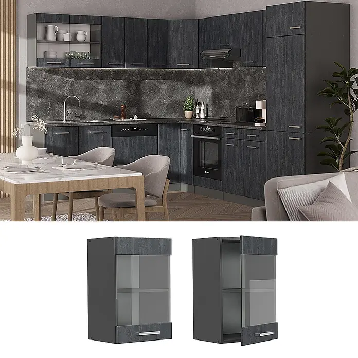 Vicco Schrankküche R-Line Schwarz Beton - Schwarz Beton, Hängeglasschrank 40 cm - Moderne dunkelgraue strukturierte Küchenzeile mit Unter- und Oberschränken, integrierten Geräten und passender Rückwand.