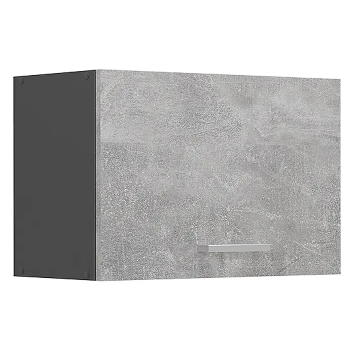 Vicco Schrankküche R-Line Beton Flach - Beton, Hängeschrank 60 cm (flach) - Grauer Hängeschrank in Betonoptik mit dunkelgrauer Seite und silbernem Griff.