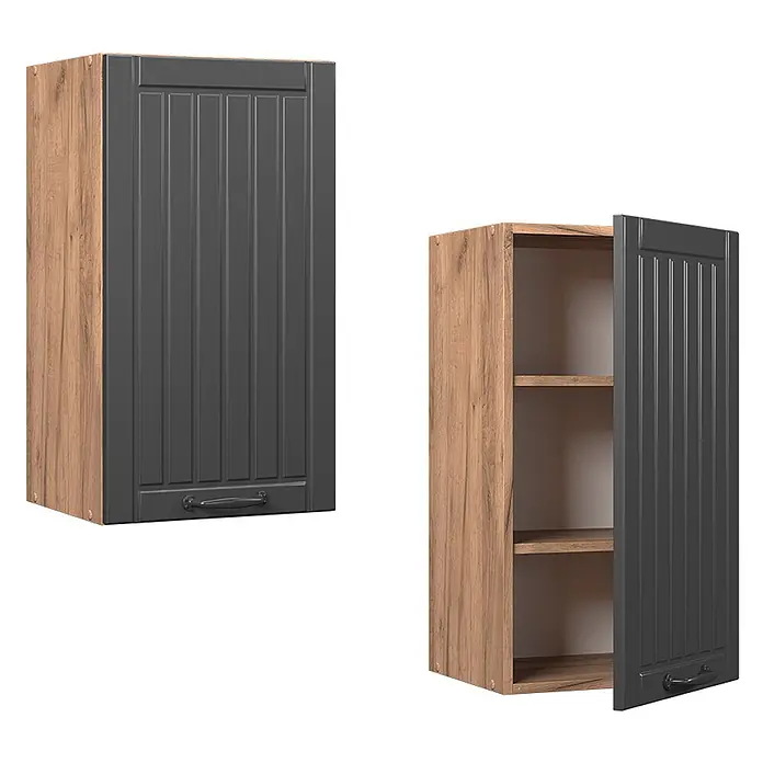Vicco Schrankküche Fame-Line Dunkelgrau - Dunkelgrau, Hängeschrank 40 cm - Wandschrank in Holzoptik mit dunkelgrauer gerillter Tür und Griff, geschlossen und offen mit Regalen gezeigt.