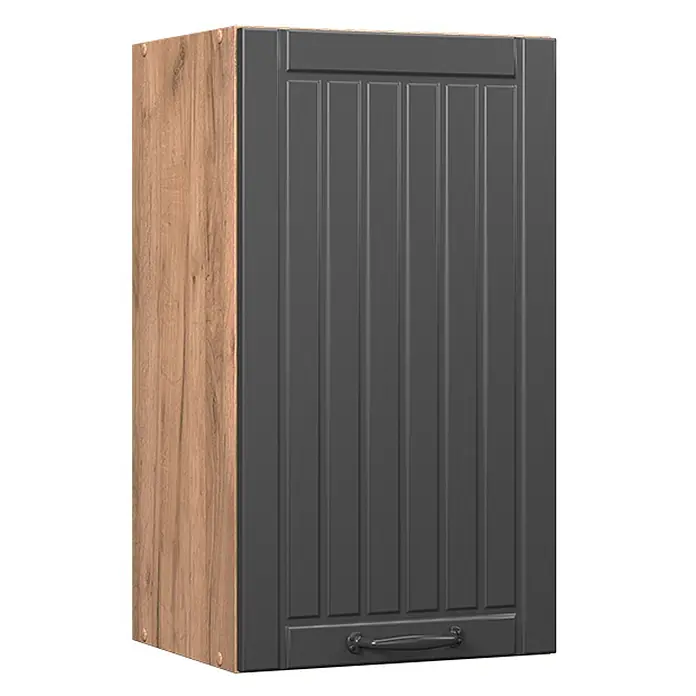 Vicco Schrankküche Fame-Line Dunkelgrau - Dunkelgrau, Hängeschrank 40 cm - Küchen-Wandschrank mit dunkelgrauer gerillter Tür und heller Holzmaserung an der Seite. Mit dunklem Griff.