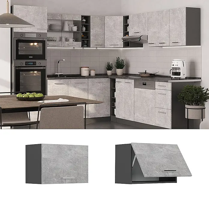 Vicco Schrankküche R-Line Beton Flach - Beton, Hängeschrank 60 cm (flach) - Modulküchenschränke mit hellgrauen Betonoptik-Türen und dunkelgrauen Rahmen, inklusive Hochschwenk-Wandschränken.