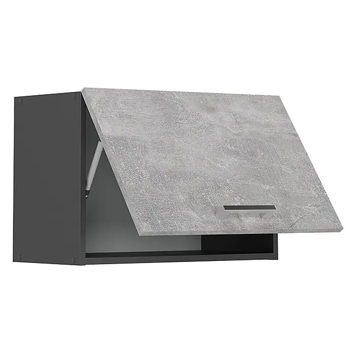 Vicco Schrankküche R-Line Beton Flach - Beton, Hängeschrank 60 cm (flach) - Dunkelgrauer Hängeschrank mit nach oben öffnender, grau strukturierter (Betonoptik) Tür, mit silbernem Griff und Gasdruckfeder.