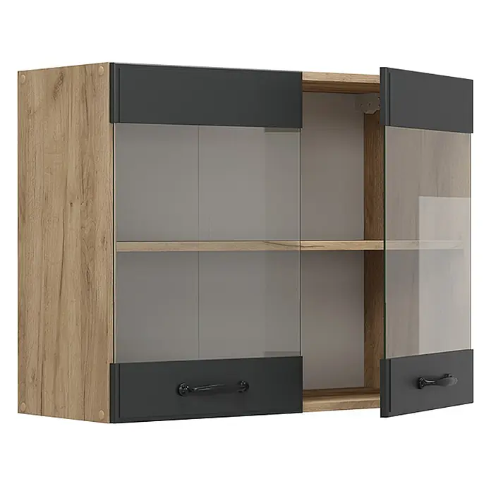 Vicco Schrankküche R-Line Anthrazit Landhaus - Anthrazit Landhaus, Hängeglasschrank 80 cm - Wandregal in Eichenoptik mit dunkelgrauen Blenden und Glastüren, eine Tür offen mit Innenregal und dunkelgrauem Griff.
