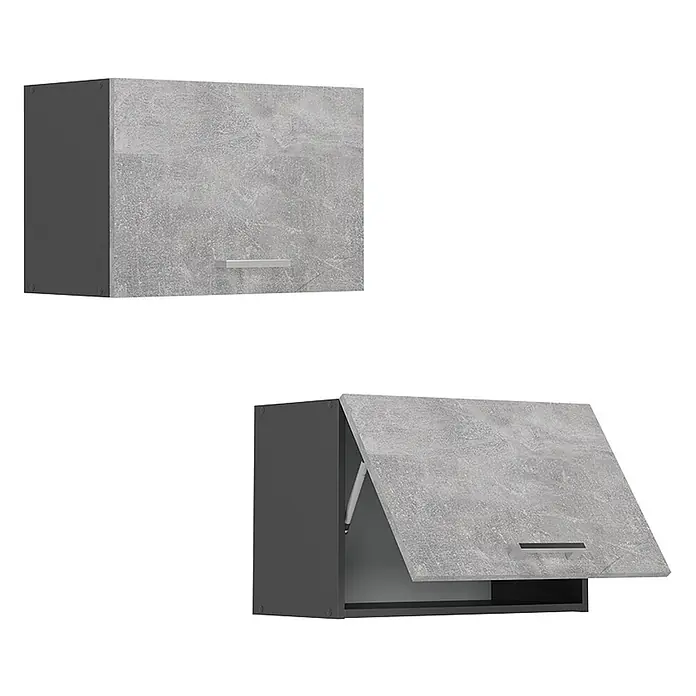 Vicco Schrankküche R-Line Beton Flach - Beton, Hängeschrank 60 cm (flach) - Wandhängeschrank mit Klapptür in grauer Betonoptik und dunkelgrauem Korpus, geschlossen und geöffnet dargestellt.