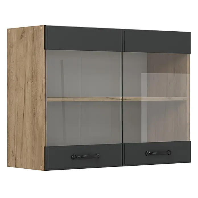 Vicco Schrankküche R-Line Anthrazit Landhaus - Anthrazit Landhaus, Hängeglasschrank 80 cm - Hängeschrank mit Holz-Optik-Seite, dunkelgrauen Paneelen, Glastüren, schwarzen Griffen und Einlegeboden.