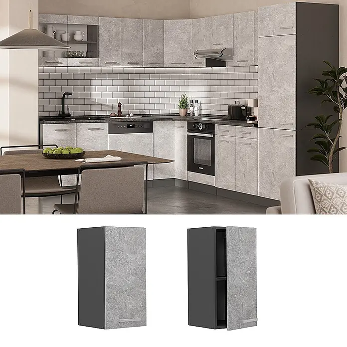 Vicco Schrankküche R-Line Beton - Beton, Hängeschrank 30 cm - Moderne Küche in Betonoptik Grau mit dunklen Details, bestehend aus Ober- und Unterschränken, integriertem Backofen und Spüle.