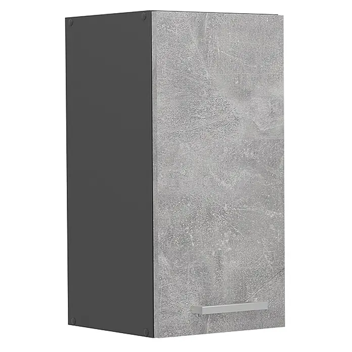 Vicco Schrankküche R-Line Beton - Beton, Hängeschrank 30 cm - Hoher, schmaler Hängeschrank mit dunkelgrauer Seite und hellgrauer Betonoptik-Front, mit silbernem Griff.