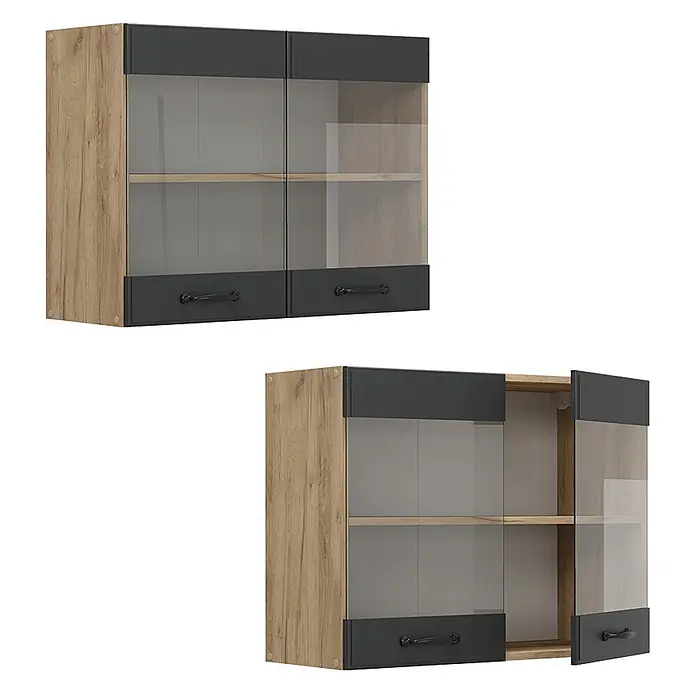Vicco Schrankküche R-Line Anthrazit Landhaus - Anthrazit Landhaus, Hängeglasschrank 80 cm - Zweitüriger Wandschrank mit Holzoptik-Seiten, dunkelgrauen Paneelen und Glastüren, geschlossen und offen mit Einlegeboden gezeigt.