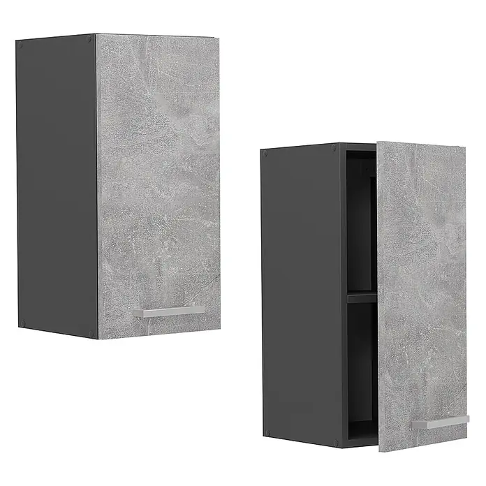Vicco Schrankküche R-Line Beton - Beton, Hängeschrank 30 cm - Zwei moderne Wandschränke mit dunkelgrauem Korpus und hellgrauen Beton-Fronten, einer offen mit Regal.