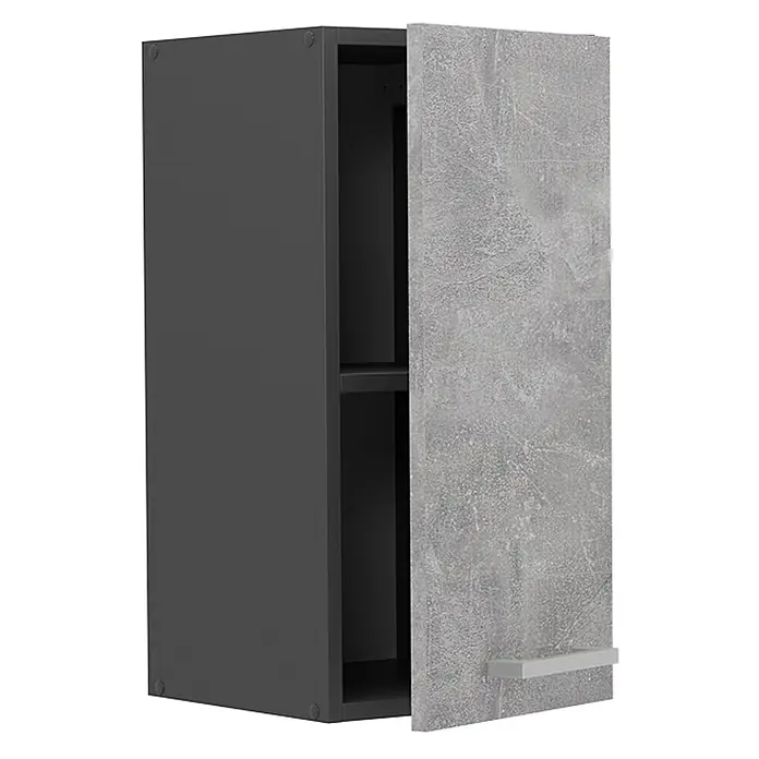 Vicco Schrankküche R-Line Beton - Beton, Hängeschrank 30 cm - Dunkelgrauer Wandschrank mit hellgrauer Betonoptik-Tür, leicht geöffnet, mit Innenfach und silbernem Griff.