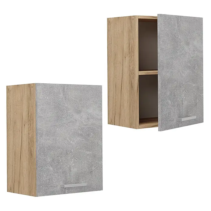 Vicco Schrankküche R-Line Beton - Beton, Hängeschrank 45 cm - Zwei Hängeschränke mit heller Holzoptik und grauer Betonoptik-Türen; einer offen mit Einlegeboden, einer geschlossen.