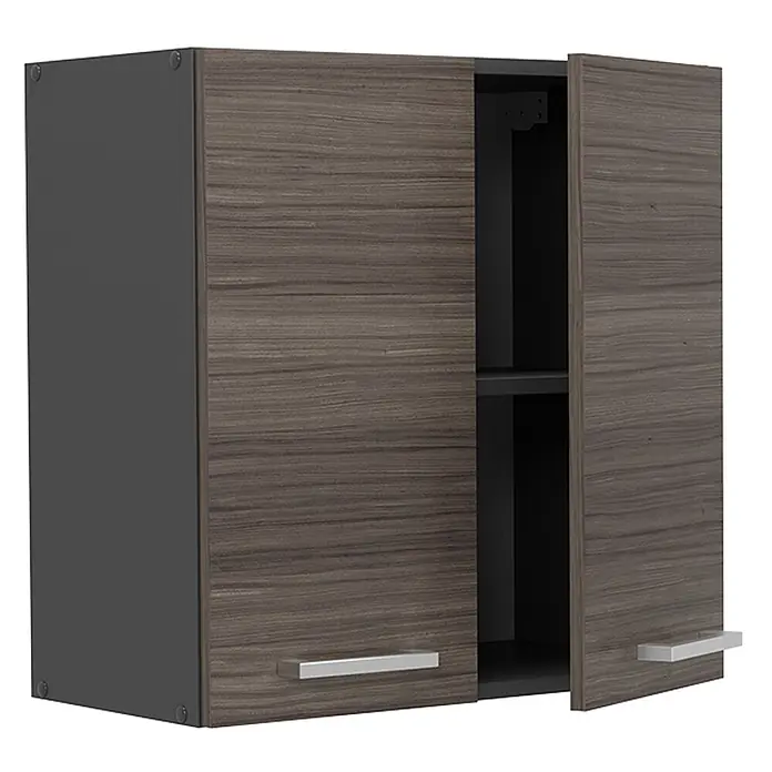 Vicco Schrankküche R-Line Edelgrau - Edelgrau, Hängeschrank 60 cm - Dunkelbrauner Wandschrank mit Holzmaserung, zwei Türen, eine leicht geöffnet, die ein Regal zeigt, und silbernen Griffen.