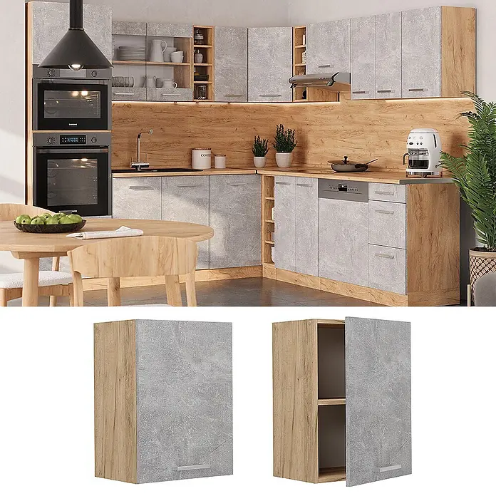 Vicco Schrankküche R-Line Beton - Beton, Hängeschrank 45 cm - Moderne Küchenschränke mit hellgrauen Betonoptik-Türen und Holzelementen, in einer Küche und als offener Wandschrank gezeigt.