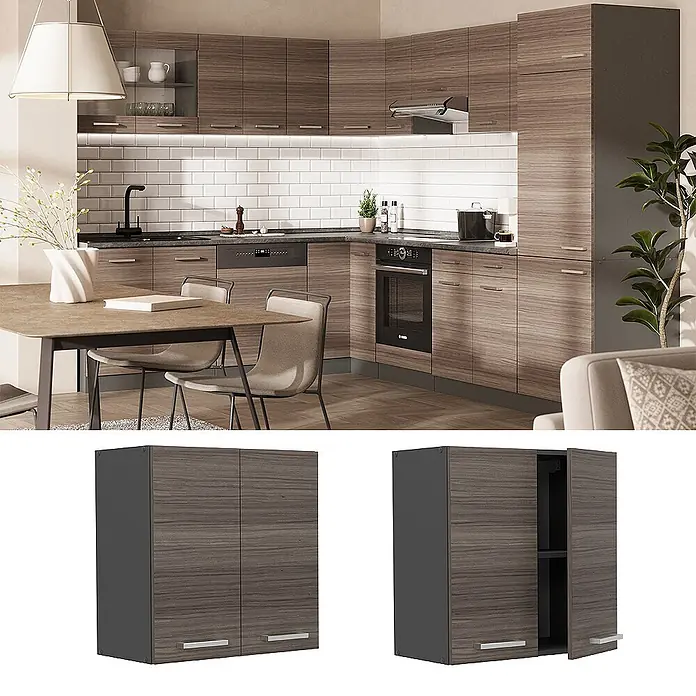 Vicco Schrankküche R-Line Edelgrau - Edelgrau, Hängeschrank 60 cm - Moderne Küche mit dunklen Holzmaserungsschränken, dunkelgrauer Struktur, silbernen Griffen und integrierten Geräten.