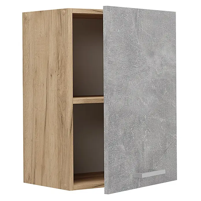 Vicco Schrankküche R-Line Beton - Beton, Hängeschrank 45 cm - Hängeschrank mit hellem Holzdekor und grauer Betontür, leicht geöffnet, mit sichtbaren Regalböden.