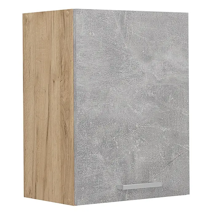 Vicco Schrankküche R-Line Beton - Beton, Hängeschrank 45 cm - Wandschrank mit heller Holzseite und grauer Betonoptik-Tür mit silbernem Griff.
