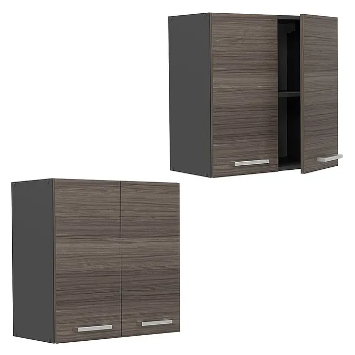 Vicco Schrankküche R-Line Edelgrau - Edelgrau, Hängeschrank 60 cm - Zwei Hängeschränke in dunkler Holzoptik mit dunkelgrauen Seiten und silbernen Griffen. Einer ist offen und zeigt Innenregale, der andere ist geschlossen.