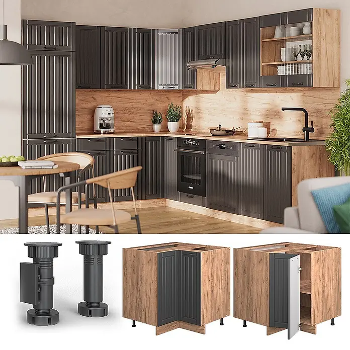 Vicco Schrankküche Fame-Line Dunkelgrau, AP Eiche - Dunkelgrau, Eckunterschrank, AP Eiche - Moderne Küche mit dunkelgrauen Lamellenfronten und Holzoptik. Mit Eckunterschränken, Hängeschränken und verstellbaren Füßen.