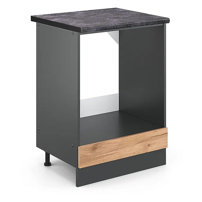 Vicco Schrankküche R-Line Goldkraft Eiche, AP Anthrazit - Goldkraft Eiche, Herdumbauschrank 60 cm, AP Anthrazit - Dunkelgrauer Küchenunterschrank mit dunkler Arbeitsplatte, offenem Fach und Holzdekorstreifen.