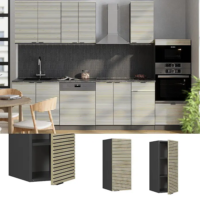Vicco Schrankküche Fame-Line Eiche Paneel - Eiche Paneel, Hängeschrank 30 cm - Moderne Küchenschränke mit hellen Lamellenholzfronten und dunkelgrauen Korpus, in Küche und als Einzelteile, teilweise offen.