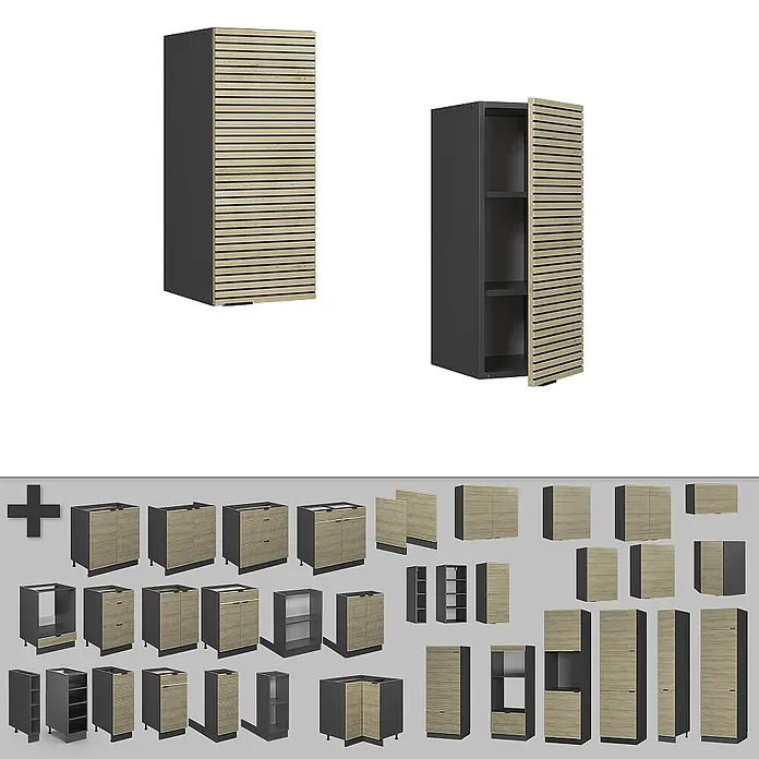 Vicco Schrankküche Fame-Line Eiche Paneel - Eiche Paneel, Hängeschrank 30 cm - Modulare dunkelgraue Schränke mit hellen Holzlamellenfronten in verschiedenen Konfigurationen.
