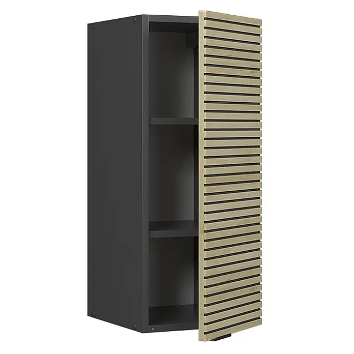 Vicco Schrankküche Fame-Line Eiche Paneel - Eiche Paneel, Hängeschrank 30 cm - Anthrazitfarbener Wandschrank mit Einlegeböden und teilweise geöffneter Tür mit hellen Holzlamellen.