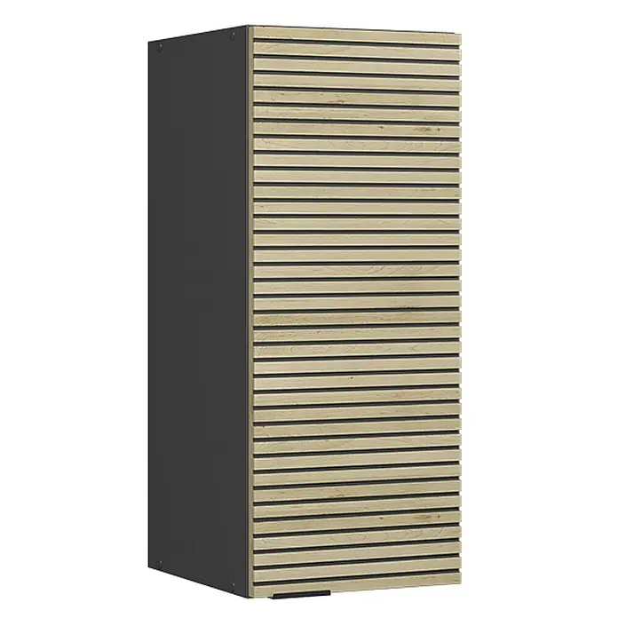 Vicco Schrankküche Fame-Line Eiche Paneel - Eiche Paneel, Hängeschrank 30 cm - Hohes dunkelgraues Möbelstück mit heller Holzlamellenfront.