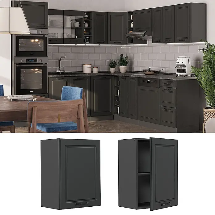Vicco Schrankküche R-Line Anthrazit Landhaus - Anthrazit Landhaus, Hängeschrank 45 cm - Dunkelgrauer Wandschrank im Shaker-Stil für die Küche, geschlossen und offen mit Einlegeböden gezeigt.