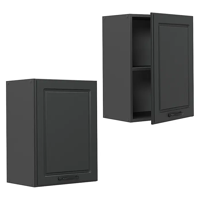 Vicco Schrankküche R-Line Anthrazit Landhaus - Anthrazit Landhaus, Hängeschrank 45 cm - Zwei dunkelgraue Küchenoberschränke: einer geschlossen, einer offen mit Einlegeboden. Kassettentüren mit Griffen.