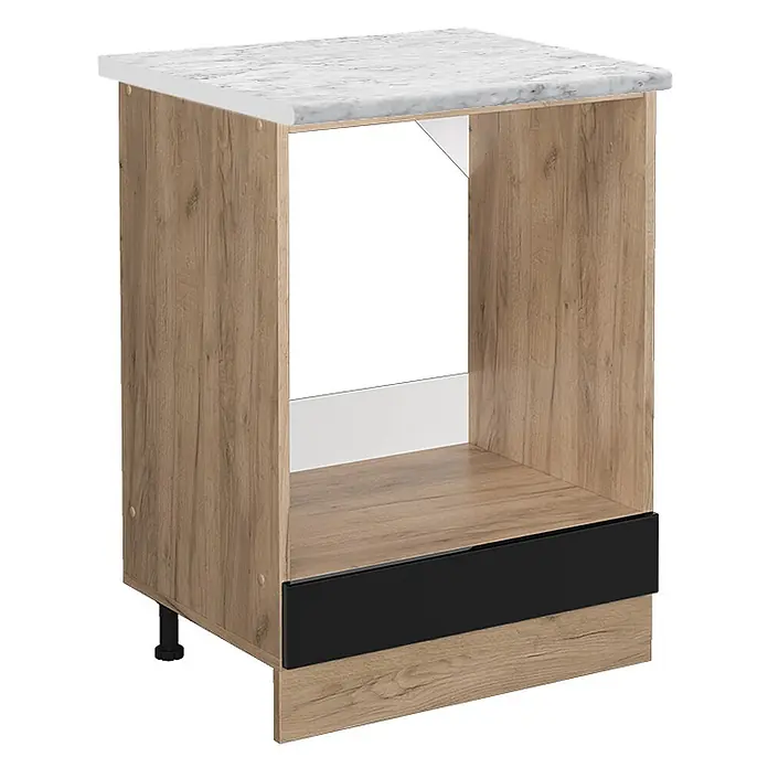Vicco Schrankküche R-Line Schwarz Hochglanz AP Marmor - Schwarz Hochglanz, Herdumbauschrank 60 cm, AP Marmor - Unterschrank für Ofen aus hellem Holz mit weißer Marmor-Arbeitsplatte und schwarzem Sockel.