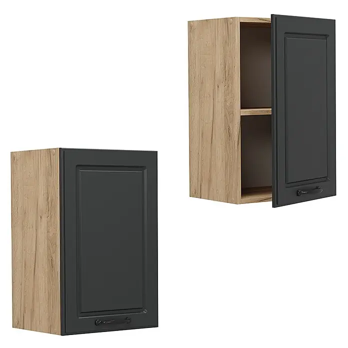Vicco Schrankküche R-Line Anthrazit Landhaus - Breite: 40 cm, Anthrazit Landhaus, Hängeschrank 40 cm - Zwei Küchenoberschränke. Einer geschlossen, einer offen mit Regalböden. Seiten in heller Holzoptik, dunkelgraue Tür mit Griff.